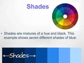 Shades
• Shades are mixtures of a hue and black. This
example shows seven different shades of blue:
 