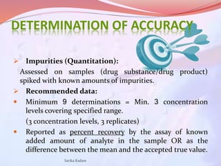 DETERMINATION OF ACCURACY
 Impurities (Quantitation):
Assessed on samples (drug substance/drug product)
spiked with known...