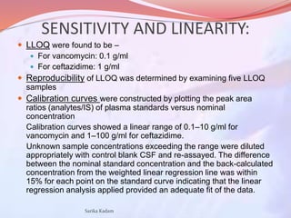 SENSITIVITY AND LINEARITY:
 LLOQ were found to be –
 For vancomycin: 0.1 g/ml
 For ceftazidime: 1 g/ml
 Reproducibilit...