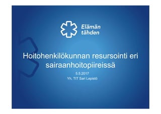 Hoitohenkilökunnan resursointi eri
sairaanhoitopiireissä
5.5.2017
Yh, TtT Sari Lepistö
 