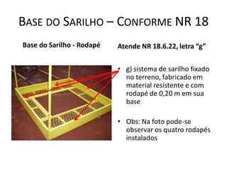 BASE DO SARILHO – CONFORME NR 18
Base do Sarilho - Rodapé Atende NR 18.6.22, letra “g”
• g) sistema de sarilho fixado
no terreno, fabricado em
material resistente e com
rodapé de 0,20 m em sua
base
• Obs: Na foto pode-se
observar os quatro rodapés
instalados
 