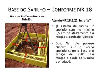 BASE DO SARILHO – CONFORME NR 18
Base do Sarilho – Borda do
Tubulão Atende NR 18.6.22, letra “g”
• g) sistema de sarilho ...”
apoiado com no mínimo
0,50 m de afastamento em
relação à borda do tubulão;
• Obs: Na foto pode-se
observar que o Sarilho
apoiado sobre a base e o
espaço de 0,50m em
relação a borda do tubulão
e o rodapé.
 