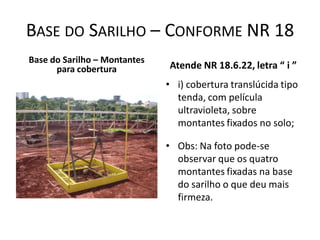 BASE DO SARILHO – CONFORME NR 18
Base do Sarilho – Montantes
para cobertura Atende NR 18.6.22, letra “ i ”
• i) cobertura translúcida tipo
tenda, com película
ultravioleta, sobre
montantes fixados no solo;
• Obs: Na foto pode-se
observar que os quatro
montantes fixadas na base
do sarilho o que deu mais
firmeza.
 