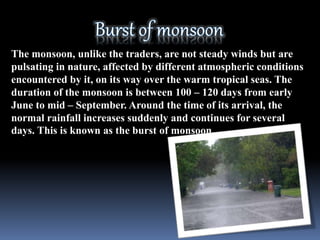 The monsoon, unlike the traders, are not steady winds but are
pulsating in nature, affected by different atmospheric conditions
encountered by it, on its way over the warm tropical seas. The
duration of the monsoon is between 100 – 120 days from early
June to mid – September. Around the time of its arrival, the
normal rainfall increases suddenly and continues for several
days. This is known as the burst of monsoon.
 