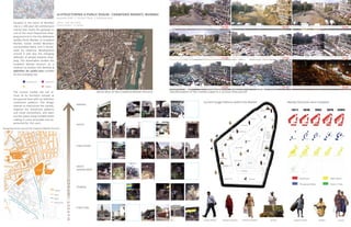 re:STRUCTURING A PUBLIC REALM : CRAWFORD MARKET, MUMBAI
                                                         december 2004 I UG Arch Thesis I individual work
         Situated in the heart of Mumbai                 advisor : prof. rajan lakule
         city is a 100 year old architectural            project duration : 11 months
                                                                                                                                                                                                   07:00                                                                                08:30                                                  10:00
         marvel that marks the gateway to
         one of the most frequented shop-
         ping precincts in the city. Mahatma
         Jyotiba Phule Market, or Crawford
         Market, stands amidst Mumbai’s                                                                                     1/2 mile

         concentrated fabric and is threat-
         ened by voracious development
         around it and also the changing
         attitudes of people towards shop-                                                                                                                                                         11:30                                                                                13:00                                                  14:30
         ping. This dissertation studies the                                                                     1/4 mile
         Crawford Market precinct as a
         medium to analyze and develop a
         definition for public-ness suitable
         for the changing city.

                     Governmental     Institutional

                     Commercial       Religious
                                                                                                                                                                                                   16:00                                                                                17:30                                                  19:00
         The current market site has al-                                                           Aerial Shot of the Crawford Market Precinct   Transformation of the market-scape in a 12 hour time period
         most all its functions housed at
         the ground level with no definitive
         movement patterns. The design                                                                                                                                     Current Usage Patterns within the Market                                                                        Market Structure since inception
                                                                                     PARKING
         intends to restructure the market,
                                                                                                                                                                                                                                                               fish
         organize the movement patterns                                                                                                                                                                                                                        mutton
         and visual connections, and open
         out the space using multiple levels
                                                                                                                                                                                                                                                     chicken
         making it more accessible and ex-                                                                                                                                                                                                                                     eggs

         periential for the users.                                                   ACCESS                                                                                                                                           sundries
Shopping trends around the Crawford Market Precinct
                                                                                                                                                                                                                 soaps         perfumes                                  royal
                                                                                                                                                                                                                                                                         touch
                                                                                                                                                                                                                                                                         shopping
                                                                                                                                                                                                                                                                         center
                                                                                                                                                                                                           vegetables
                                                                                                                                                                                                                                            office


                                                                                     CIRCULATION
                                                                                                                                                                                                                         open shed
                                                                                                                                                                                                fruits                                                            mutton



                                                                                                                                                                                              confectionery
                                                                                                                                                                                                                        fruits shed
                                                                                                                                                                                                                                                 pets
                                                                                                                                                                                                                                                                  beef
                                                                                                                                                                                                     flowers
                                                                                     WASTE
                                                                                     MANAGEMENT                                                                                                                                       poultry



                                                                                                                                                                                                         waste shed                               godown                                              Built Form                  Open Space
                                                                     MARKET IMPACT




                                                                                                                                                                                                                                                                                                      Temporary Sheds             Green / Trees
                                                                                     STORAGE
                                                      Markets

                                                      Shops

                                                      Street

                                                      Mixed Retail


                                                                                     STRUCTURE



                                                                                                                                                                           market officials         frequent shoppers                 seasonal shoppers                       vendors           migrant workers         hawkers          tourists
 