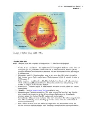 PHYSICS SEMINAR PRESENTATION 7
SUNSPOTS

Diagram of the Sun. Image credit: NASA

Diagram of the Sun
This is a diagram of the Sun, originally developed by NASA for educational purposes.
Visible, IR and UV radiation – The light that we see coming from the Sun is visible, but if you
close your eyes and just feel the warmth, that’s IR, or infrared radiation. And the light that
gives you a sunburn is ultraviolet (UV) radiation. The Sun produces all of these wavelengths
at the same time.
Photosphere 6000 K – The photosphere is the surface of the Sun. This is the region where
light from the interior finally reaches space. The temperature is 6000 K, which is the same as
5,700 degrees C.
Radio emissions – In addition to visible, IR and UV, the Sun also gives off radio emissions,
which can be detected by a radio telescope. These emissions rise and fall depending on the
number of sunspots on the surface of the Sun.
Coronal Hole – These are regions on the Sun where the corona is cooler, darker and has less
dense plasma.
2100000 – This is the temperature of the Sun’s radiative zone.
Convective zone/Turbulent convection – This is the region of the Sun where heat from the
core is transferred through convection. Warm columns of plasma rise to the surface in
columns, release their heat and then fall back down to heat up again.
Coronal loops – These are loops of plasma in the Sun’s atmosphere that follows magnetic flux
lines. They look like big arches, stretching up from the surface of the Sun for hundreds of
thousands of kilometers.
Core – The is the heart of the Sun, where the temperatures and pressures are so high that
nuclear fusion reactions can happen. All of the energy coming from the Sun originates from

 