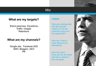 Mix

What are my targets?                  TODAY:

                                      Take your existing plan
 Brand awarness, Equisitions,         and ask yourself
       Traffic, Usages                “what’s in it for the
         Retentions                   customer to give me
                                      his media-time?”


What are my channels?                 How can I make it
                                      more relevant and
                                      interesting?
 Google ads, Facebook ADS
   SMO, Bloggers ,SEO
            PR                        And if you don’t
                                      know, go into the street
                                      and ask or upload a
                                      test campaign.
 