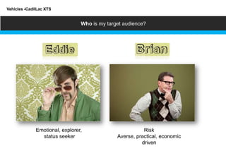 Vehicles -CadilLac XTS


                                 Who is my target audience?




              Emotional, explorer,                        Risk
                status seeker                  Averse, practical, economic
                                                         driven
 