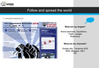 Follow and spread the world



                        What are my targets?

                    Brand awarness, Equisitions,
                           Traffic, Usages
                             Retentions


                       What are my channels?

                     Google ads, Facebook ADS
                       SMO, Bloggers ,SEO
                                PR
 