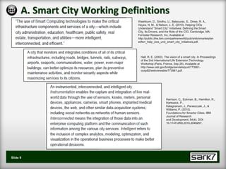 A. Smart City Working Definitions
                                Washburn, D., Sindhu, U., Balaouras, S., Dines, R. A.,
                                Hayes, N. M., & Nelson, L. E. (2010). Helping CIOs
                                Understand “Smart City” Initiatives: Defining the Smart
                                City, Its Drivers, and the Role of the CIO. Cambridge, MA:
                                Forrester Research, Inc. Available at
                                http://public.dhe.ibm.com/partnerworld/pub/smb/smarterplan
                                et/forr_help_cios_und_smart_city_initiatives.pdf.




                                  Hall, R. E. (2000). The vision of a smart city. In Proceedings
                                  of the 2nd International Life Extension Technology
                                  Workshop (Paris, France, Sep 28). Available at
                                  http://www.osti.gov/bridge/servlets/purl/773961-
                                  oyxp82/webviewable/773961.pdf.




                                                      Harrison, C., Eckman, B., Hamilton, R.,
                                                      Hartswick, P.,
                                                      Kalagnanam, J., Paraszczak, J., &
                                                      Williams, P. (2010).
                                                      Foundations for Smarter Cities. IBM
                                                      Journal of Research
                                                      and Development, 54(4). DOI:
                                                      10.1147/JRD.2010.2048257.




Slide 9
 