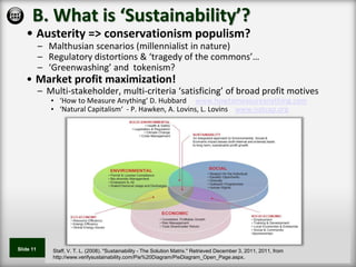 B. What is ‘Sustainability’?
   • Austerity => conservationism populism?
           – Malthusian scenarios (millennialist in nature)
           – Regulatory distortions & ‘tragedy of the commons’…
           – ‘Greenwashing’ and tokenism?
   • Market profit maximization!
           – Multi-stakeholder, multi-criteria ‘satisficing’ of broad profit motives
              • ‘How to Measure Anything’ D. Hubbard www.howtomeasureanything.com
              • ‘Natural Capitalism‘ - P. Hawken, A. Lovins, L. Lovins www.natcap.org




Slide 11       Staff, V. T. L. (2008). "Sustainability - The Solution Matrix." Retrieved December 3, 2011, 2011, from
               http://www.verifysustainability.com/Pie%20Diagram/PieDiagram_Open_Page.aspx.
 