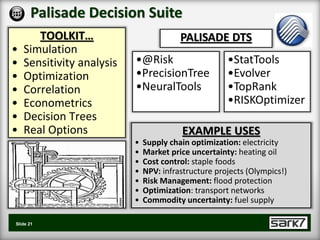 Palisade Decision Suite
       TOOLKIT…                          PALISADE DTS
•   Simulation
•   Sensitivity analysis   •@Risk                     •StatTools
•   Optimization           •PrecisionTree             •Evolver
•   Correlation            •NeuralTools               •TopRank
•   Econometrics                                      •RISKOptimizer
•   Decision Trees
•   Real Options                         EXAMPLE USES
                           •   Supply chain optimization: electricity
                           •   Market price uncertainty: heating oil
                           •   Cost control: staple foods
                           •   NPV: infrastructure projects (Olympics!)
                           •   Risk Management: flood protection
                           •   Optimization: transport networks
                           •   Commodity uncertainty: fuel supply

Slide 21
 