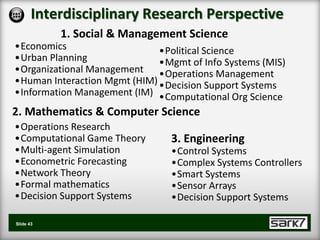 Interdisciplinary Research Perspective
           1. Social & Management Science
•Economics                    •Political Science
•Urban Planning               •Mgmt of Info Systems (MIS)
•Organizational Management •Operations Management
•Human Interaction Mgmt (HIM) •Decision Support Systems
•Information Management (IM) •Computational Org Science
2. Mathematics & Computer Science
•Operations Research
•Computational Game Theory      3. Engineering
•Multi-agent Simulation         •Control Systems
•Econometric Forecasting        •Complex Systems Controllers
•Network Theory                 •Smart Systems
•Formal mathematics             •Sensor Arrays
•Decision Support Systems       •Decision Support Systems

Slide 43
 
