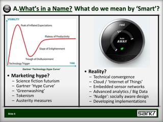 A.What’s in a Name? What do we mean by ‘Smart’?




             Gartner ‘Technology Hype Curve’
                                               • Reality?
• Marketing hype?                                –   Technical convergence
   –      Science fiction futurism               –   Cloud / ‘Internet of Things’
   –      Gartner ‘Hype Curve’                   –   Embedded sensor networks
   –      ‘Greenwashing’                         –   Advanced analytics / Big Data
   –      Tokenism                               –   ‘Nudge’: socially aware design
   –      Austerity measures                     –   Developing implementations

Slide 6
 