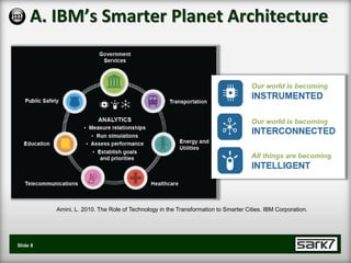 A. IBM’s Smarter Planet Architecture




          Amini, L. 2010. The Role of Technology in the Transformation to Smarter Cities. IBM Corporation.




Slide 8
 