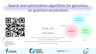 QuantumForce.eu
Search and optimisation algorithms for genomics
on quantum accelerators
04th Apr, 2019
Aritra Sarkar
PhD candidate, Quantum Computer Architecture lab
QuTech (Faculty of Applied Sciences)
Dept. of Q&CE (Faculty of Electrical Engineering, Mathematics and Computer Sciences)
Delft University of Technology
Genomics
Machine
Learning
Quantum
Computing
Application
Platform
Method
access the
presentation
here
 