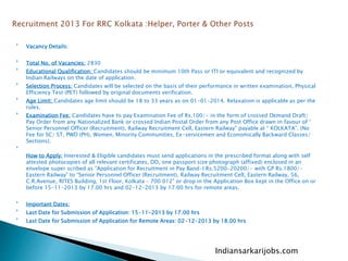 
Vacancy Details:

Total No. of Vacancies: 2830

Educational Qualification: Candidates should be minimum 10th Pass or ITI or equivalent and recognized by
Indian Railways on the date of application.

Selection Process: Candidates will be selected on the basis of their performance in written examination, Physical
Efficiency Test (PET) followed by original documents verification.

Age Limit: Candidates age limit should be 18 to 33 years as on 01-01-2014. Relaxation is applicable as per the
rules.

Examination Fee: Candidates have to pay Examination Fee of Rs.100/- in the form of crossed Demand Draft/
Pay Order from any Nationalized Bank or crossed Indian Postal Order from any Post Office drawn in favour of “
Senior Personnel Officer (Recruitment), Railway Recruitment Cell, Eastern Railway” payable at “ KOLKATA”. (No
Fee for SC/ ST, PWD (PH), Women, Minority Communities, Ex-servicemen and Economically Backward Classes/
Sections).

How to Apply: Interested & Eligible candidates must send applications in the prescribed format along with self
attested photocopies of all relevant certificates, DD, one passport size photograph (affixed) enclosed in an
envelope super scribed as “Application for Recruitment in Pay Band-I Rs.5200-20200/- with GP Rs.1800/-
Eastern Railway” to “Senior Personnel Officer (Recruitment), Railway Recruitment Cell, Eastern Railway, 56,
C.R.Avenue, RITES Building, 1st Floor, Kolkata – 700 012” or drop in the Application Box kept in the Office on or
before 15-11-2013 by 17.00 hrs and 02-12-2013 by 17.00 hrs for remote areas.

Important Dates:

Last Date for Submission of Application: 15-11-2013 by 17.00 hrs

Last Date for Submission of Application for Remote Areas: 02-12-2013 by 18.00 hrs
Indiansarkarijobs.com
 