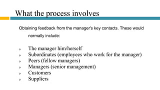 What the process involves
Obtaining feedback from the manager's key contacts. These would
normally include:
o The manager him/herself
o Subordinates (employees who work for the manager)
o Peers (fellow managers)
o Managers (senior management)
o Customers
o Suppliers
 