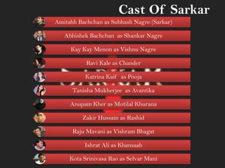 Amitabh Bachchan as Subhash Nagre (Sarkar)
Abhishek Bachchan as Shankar Nagre
Kay Kay Menon as Vishnu Nagre
Ravi Kale as Chander
Katrina Kaif as Pooja
Tanisha Mukherjee as Avantika
Anupam Kher as Motilal Khurana
Zakir Hussain as Rashid
Raju Mavani as Vishram Bhagat
Ishrat Ali as Khansaab
Kota Srinivasa Rao as Selvar Mani
Cast Of Sarkar
 