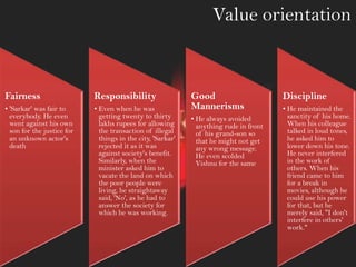 Value orientation
Fairness
• 'Sarkar' was fair to
everybody. He even
went against his own
son for the justice for
an unknown actor's
death
Responsibility
• Even when he was
getting twenty to thirty
lakhs rupees for allowing
the transaction of illegal
things in the city, 'Sarkar'
rejected it as it was
against society's benefit.
Similarly, when the
minister asked him to
vacate the land on which
the poor people were
living, he straightaway
said, 'No', as he had to
answer the society for
which he was working.
Good
Mannerisms
• He always avoided
anything rude in front
of his grand-son so
that he might not get
any wrong message.
He even scolded
Vishnu for the same
Discipline
• He maintained the
sanctity of his home.
When his colleague
talked in loud tones,
he asked him to
lower down his tone.
He never interfered
in the work of
others. When his
friend came to him
for a break in
movies, although he
could use his power
for that, but he
merely said, "I don't
interfere in others'
work."
 
