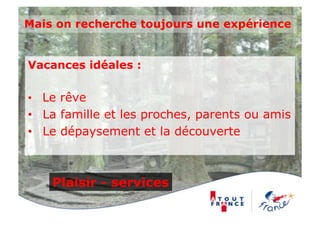 Mais on recherche toujours une expérience


Vacances idéales :

•  Le rêve
•  La famille et les proches, parents ou amis
•  Le dépaysement et la découverte



    Plaisir - services
 