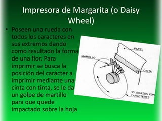 Impresora de Margarita (o Daisy
                 Wheel)
• Poseen una rueda con
  todos los caracteres en
  sus extremos dando
  como resultado la forma
  de una flor. Para
  imprimir se busca la
  posición del carácter a
  imprimir mediante una
  cinta con tinta, se le da
  un golpe de martillo
  para que quede
  impactado sobre la hoja
 