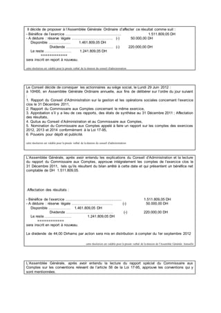 Il décide de proposer à l’Assemblée Générale Ordinaire d’affecter ce résultat comme suit :
- Bénéfice de l’exercice .................................................. 1.511.809,05 DH
- A déduire : réserve légale ……………………………. (-) 50.000,00 DH
Disponible ……………… 1.461.809,05 DH
Dividende ………………………………… (-) 220.000,00 DH
Le reste …………………. 1.241.809,05 DH
============
sera inscrit en report à nouveau.
cette résolution est valable pour le procès verbal de la réunion du conseil d'administration
Le Conseil décide de convoquer les actionnaires au siège social, le Lundi 29 Juin 2012 :
à 10H00, en Assemblée Générale Ordinaire annuelle, aux fins de délibérer sur l’ordre du jour suivant
:
1. Rapport du Conseil d’Administration sur la gestion et les opérations sociales concernant l’exercice
clos le 31 Décembre 2011,
2. Rapport du Commissaire aux Comptes concernant le même exercice,
3. Approbation s’il y a lieu de ces rapports, des états de synthèse au 31 Décembre 2011 ; Affectation
des résultats,
4. Quitus au Conseil d’Administration et au Commissaire aux Comptes,
5. Nomination du Commissaire aux Comptes appelé à faire un rapport sur les comptes des exercices
2012, 2013 et 2014 conformément à la Loi 17-95,
6. Pouvoirs pour dépôt et publicité.
cette résolution est valable pour le procès verbal de la réunion du conseil d'administration
L’Assemblée Générale, après avoir entendu les explications du Conseil d’Administration et la lecture
du rapport du Commissaire aux Comptes, approuve intégralement les comptes de l’exercice clos le
31 Décembre 2011, tels qu’ils résultent du bilan arrêté à cette date et qui présentent un bénéfice net
comptable de DH 1.511.809,05.
Affectation des résultats :
- Bénéfice de l’exercice .................................................. 1.511.809,05 DH
- A déduire : réserve légale ……………………………. (-) 50.000,00 DH
Disponible ……………… 1.461.809,05 DH
Dividende ………………………………… (-) 220.000,00 DH
Le reste …………………. 1.241.809,05 DH
============
sera inscrit en report à nouveau.
Le dividende de 44,00 Dirhams par action sera mis en distribution à compter du 1er septembre 2012
cette résolution est valable pour le procès verbal de la réunion de l'Assembèe Générale Annuelle
L’Assemblée Générale, après avoir entendu la lecture du rapport spécial du Commissaire aux
Comptes sur les conventions relevant de l’article 56 de la Loi 17-95, approuve les conventions qui y
sont mentionnées.
 