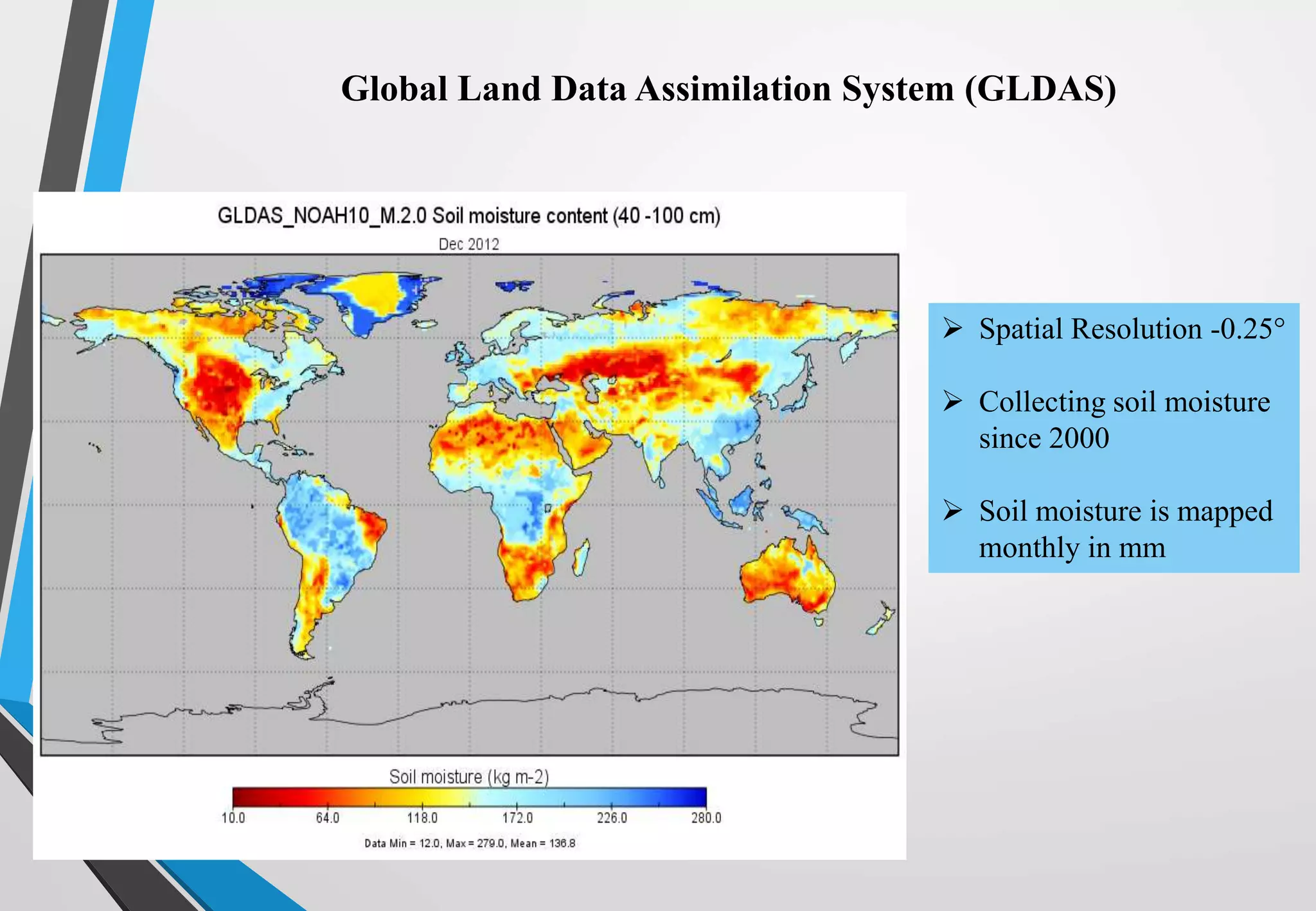 Global Land Data Assimilation System (GLDAS)
 Spatial Resolution -0.25°
 Collecting soil moisture
since 2000
 Soil moisture is mapped
monthly in mm
 