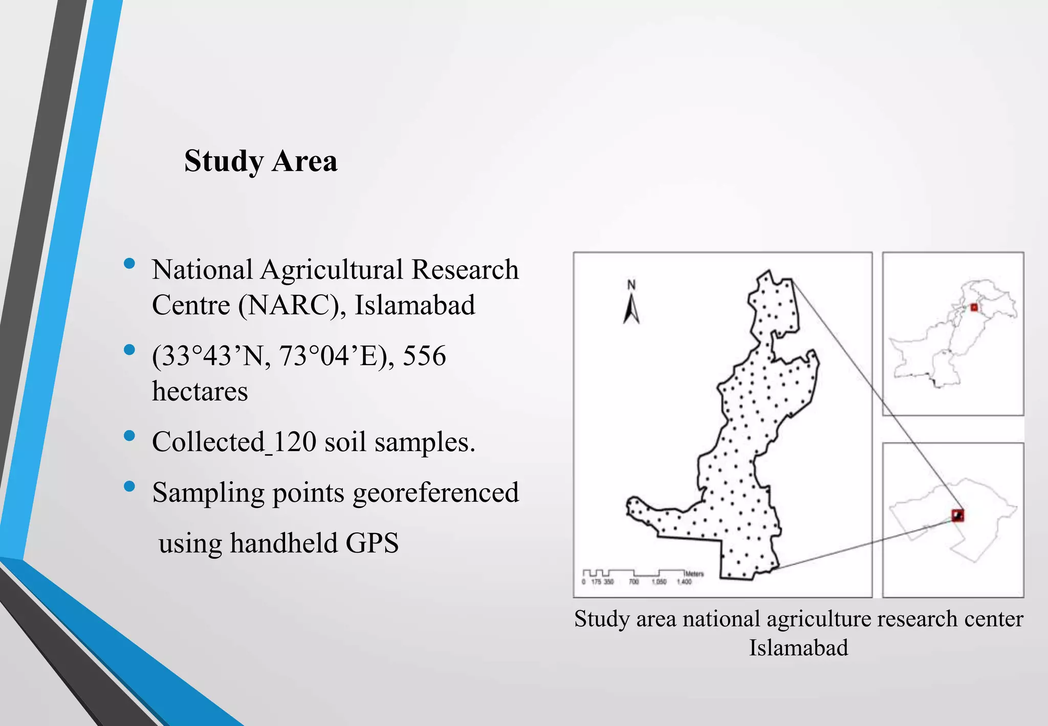 • National Agricultural Research
Centre (NARC), Islamabad
• (3343’N, 7304’E), 556
hectares
• Collected 120 soil samples.
• Sampling points georeferenced
using handheld GPS
Study Area
Study area national agriculture research center
Islamabad
 