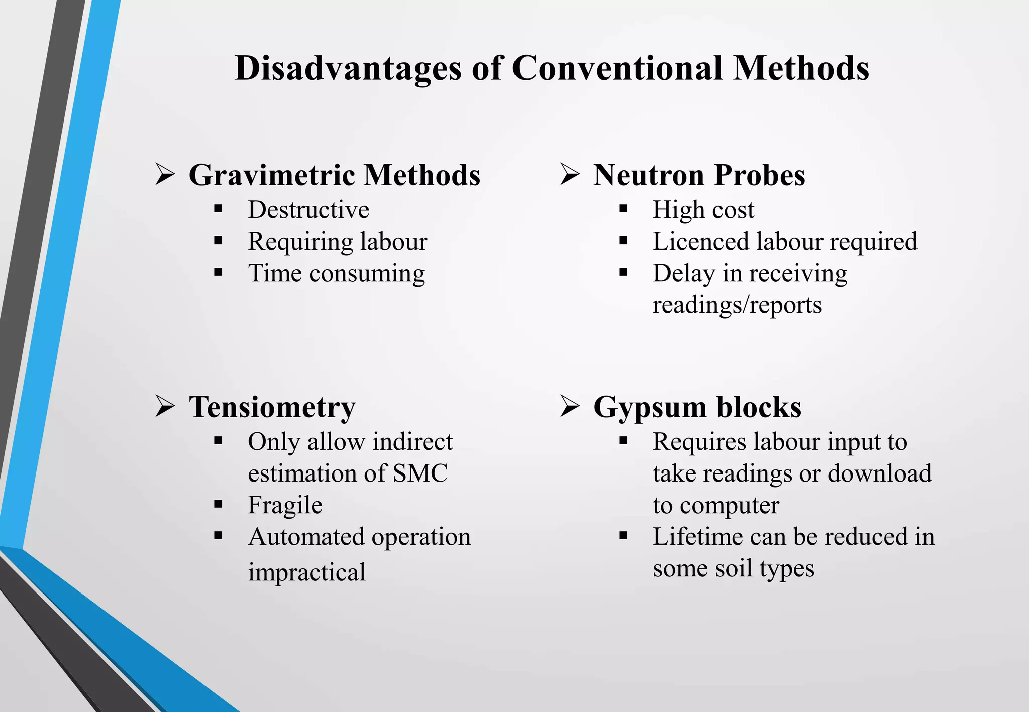 Disadvantages of Conventional Methods
 Gravimetric Methods
 Destructive
 Requiring labour
 Time consuming
 Tensiometry
 Only allow indirect
estimation of SMC
 Fragile
 Automated operation
impractical
 Neutron Probes
 High cost
 Licenced labour required
 Delay in receiving
readings/reports
 Gypsum blocks
 Requires labour input to
take readings or download
to computer
 Lifetime can be reduced in
some soil types
 