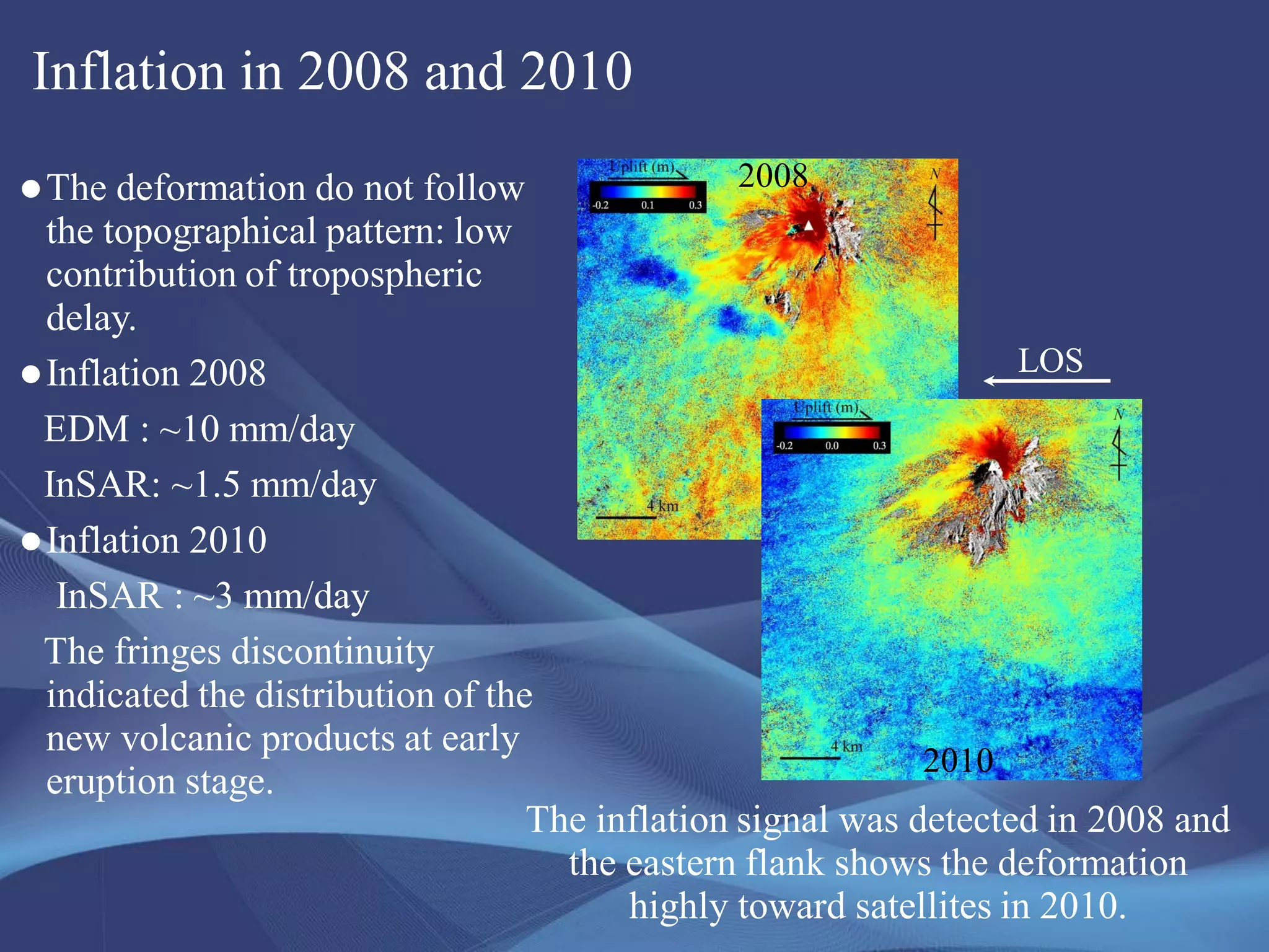 Inflation in 2008 and 2010
The deformation do not follow
the topographical pattern: low
contribution of tropospheric
delay.
Inflation 2008
EDM : ~10 mm/day
InSAR: ~1.5 mm/day
Inflation 2010
InSAR : ~3 mm/day
The fringes discontinuity
indicated the distribution of the
new volcanic products at early
eruption stage.
The inflation signal was detected in 2008 and
the eastern flank shows the deformation
highly toward satellites in 2010.
2008
2010
LOS
 
