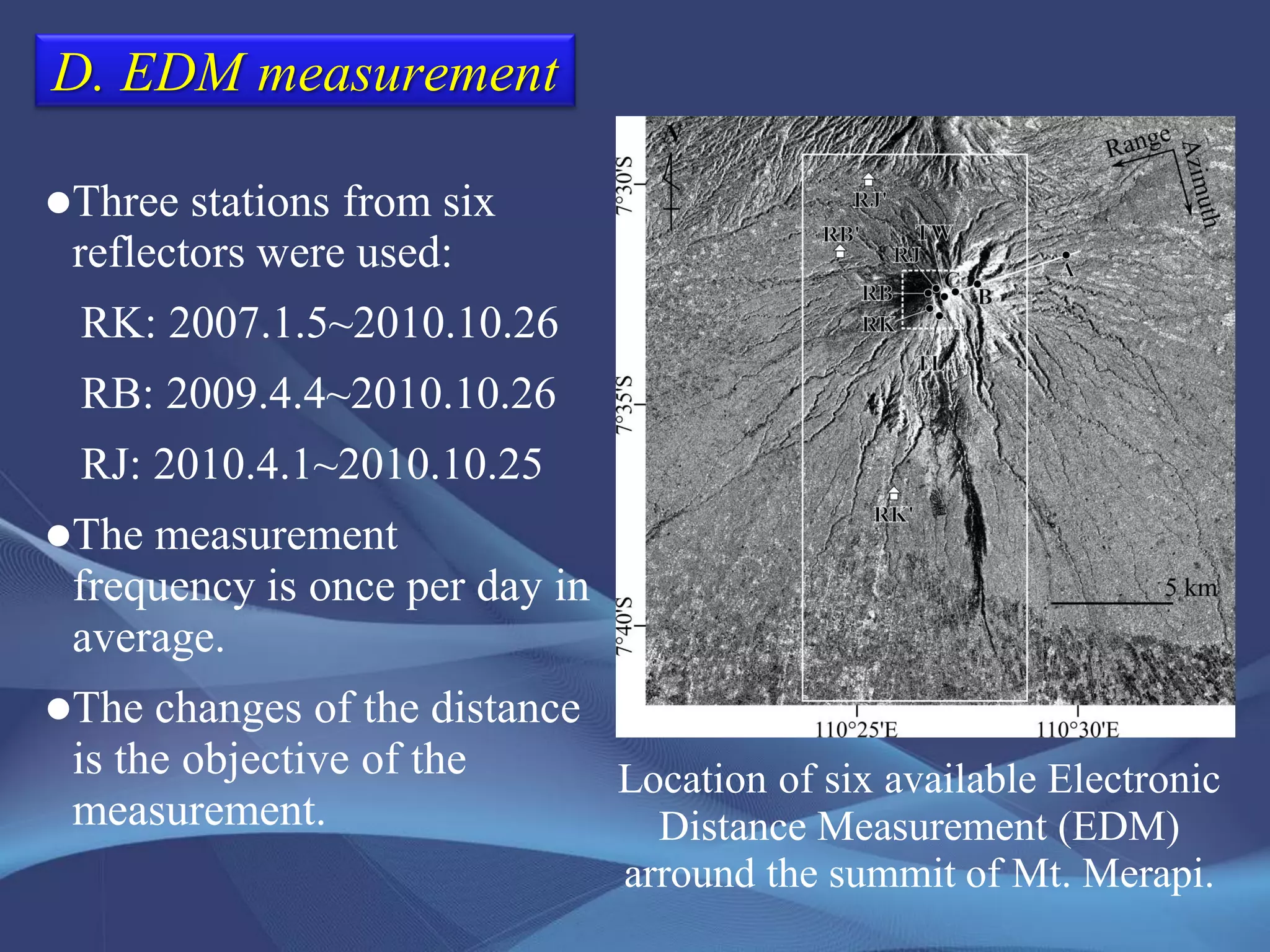 Location of six available Electronic
Distance Measurement (EDM)
arround the summit of Mt. Merapi.
Three stations from six
reflectors were used:
RK: 2007.1.5~2010.10.26
RB: 2009.4.4~2010.10.26
RJ: 2010.4.1~2010.10.25
The measurement
frequency is once per day in
average.
The changes of the distance
is the objective of the
measurement.
D. EDM measurement
 