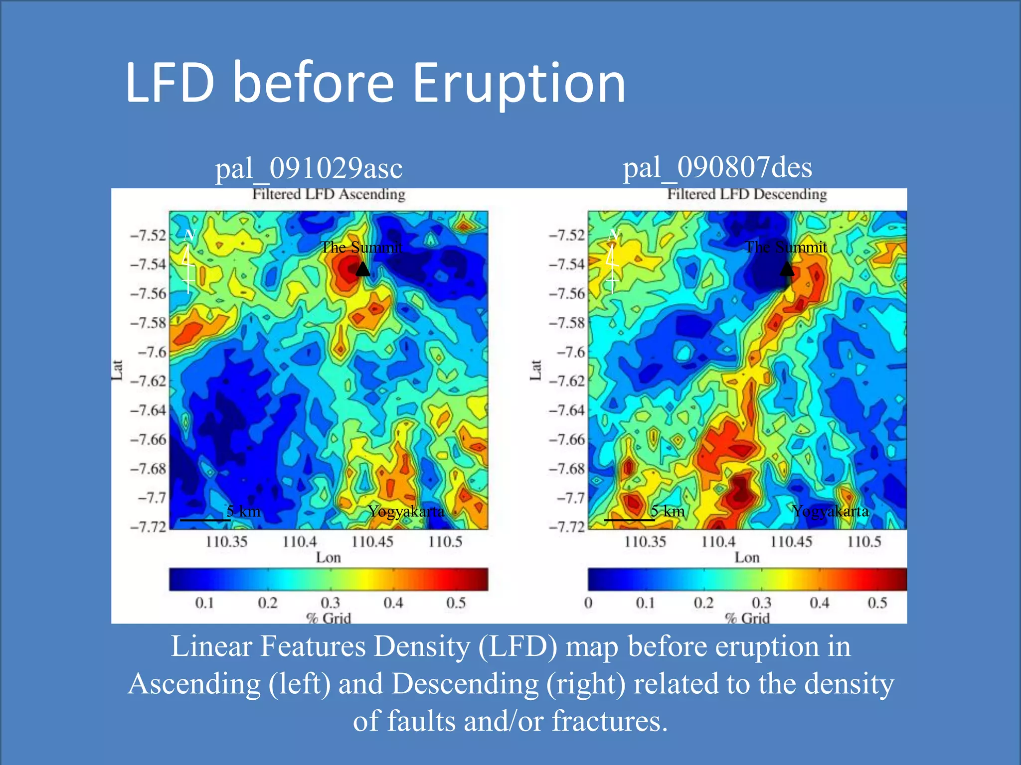 LFD before Eruption
The Summit
Yogyakarta5 km
N
The Summit
Yogyakarta5 km
N
pal_091029asc pal_090807des
Linear Features Density (LFD) map before eruption in
Ascending (left) and Descending (right) related to the density
of faults and/or fractures.
 