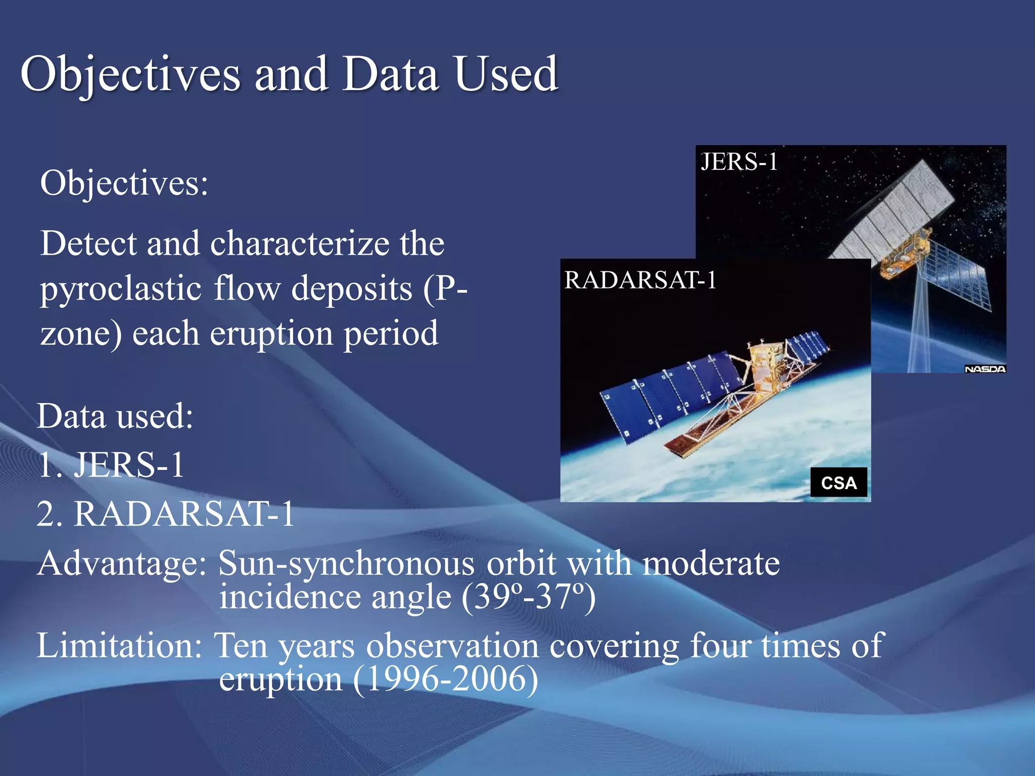 Objectives and Data Used
Data used:
1. JERS-1
2. RADARSAT-1
Advantage: Sun-synchronous orbit with moderate
incidence angle (39º-37º)
Limitation: Ten years observation covering four times of
eruption (1996-2006)
JERS-1
RADARSAT-1
CSA
Objectives:
Detect and characterize the
pyroclastic flow deposits (P-
zone) each eruption period
 
