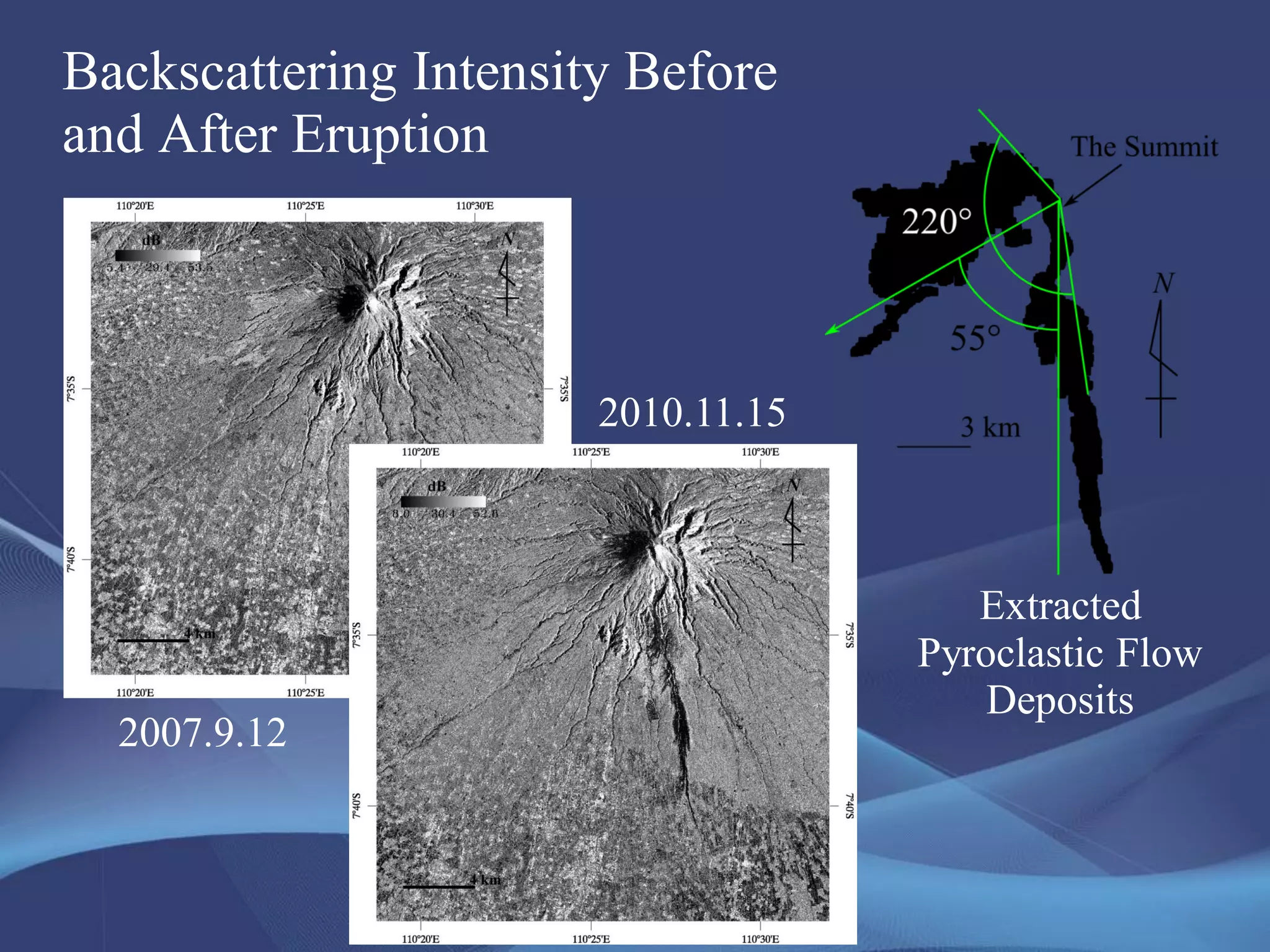 Backscattering Intensity Before
and After Eruption
2007.9.12
2010.11.15
Extracted
Pyroclastic Flow
Deposits
 