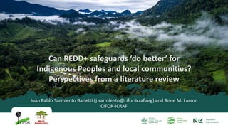 Juan Pablo Sarmiento Barletti (j.sarmiento@cifor-icraf.org) and Anne M. Larson
CIFOR-ICRAF
Can REDD+ safeguards ‘do better’ for
Indigenous Peoples and local communities?
Perspectives from a literature review
 