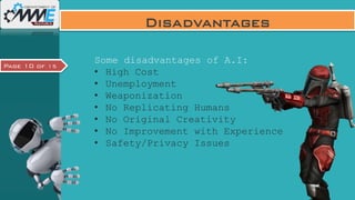 Page 10 of 15
Disadvantages
Some disadvantages of A.I:
• High Cost
• Unemployment
• Weaponization
• No Replicating Humans
• No Original Creativity
• No Improvement with Experience
• Safety/Privacy Issues
 