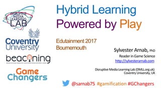 Sylvester Arnab, PhD
ReaderinGame Science
http://sylvesterarnab.com
DisruptiveMediaLearningLab(DMLL.org.uk)
CoventryUniversity,UK
@sarnab75 #gamification #GChangers
Hybrid Learning
Powered by Play
Edutainment 2017
Bournemouth
 