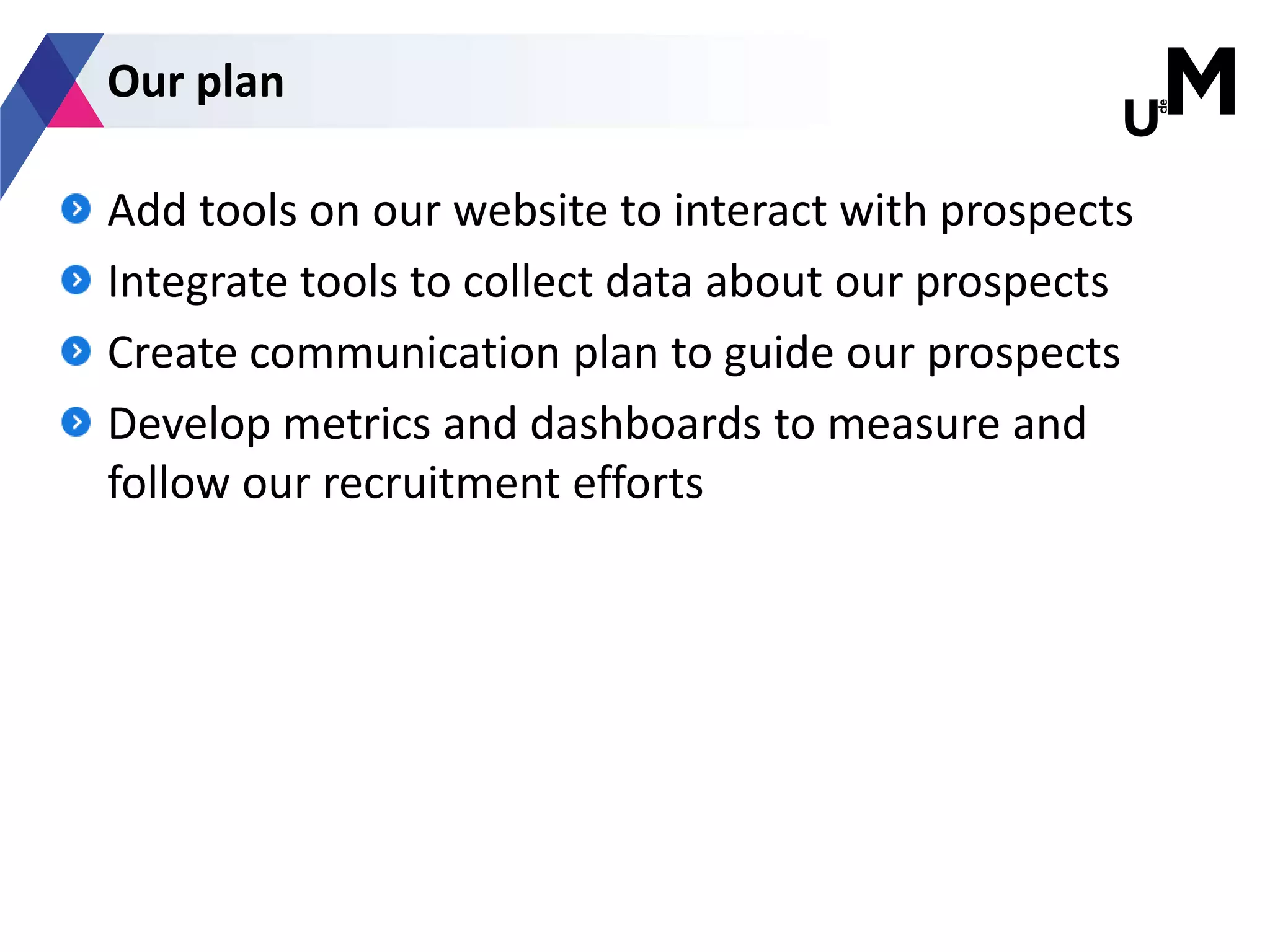 Add tools on our website to interact with prospects
Integrate tools to collect data about our prospects
Create communication plan to guide our prospects
Develop metrics and dashboards to measure and
follow our recruitment efforts
Our plan