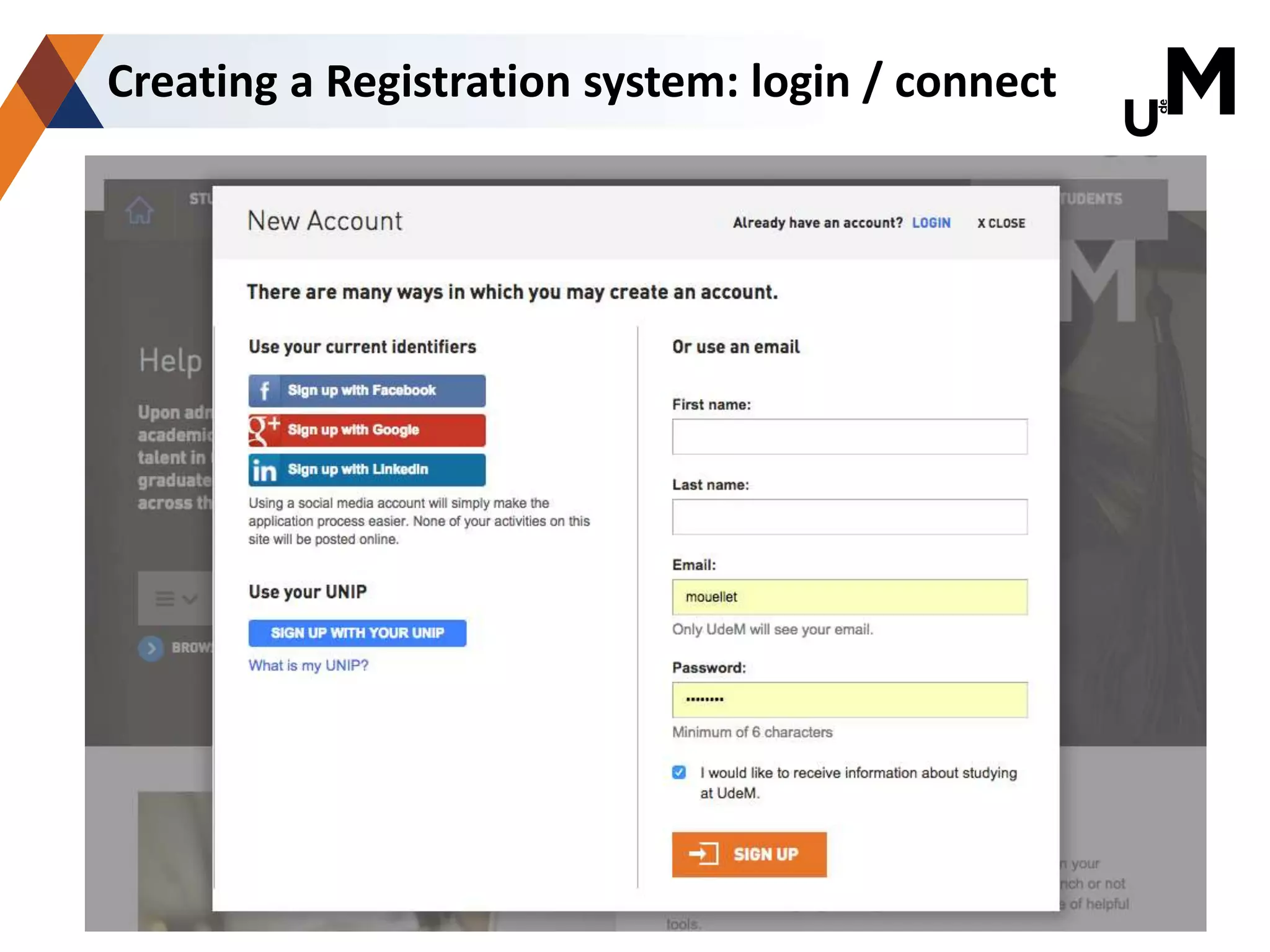 Creating a Registration system: login / connect