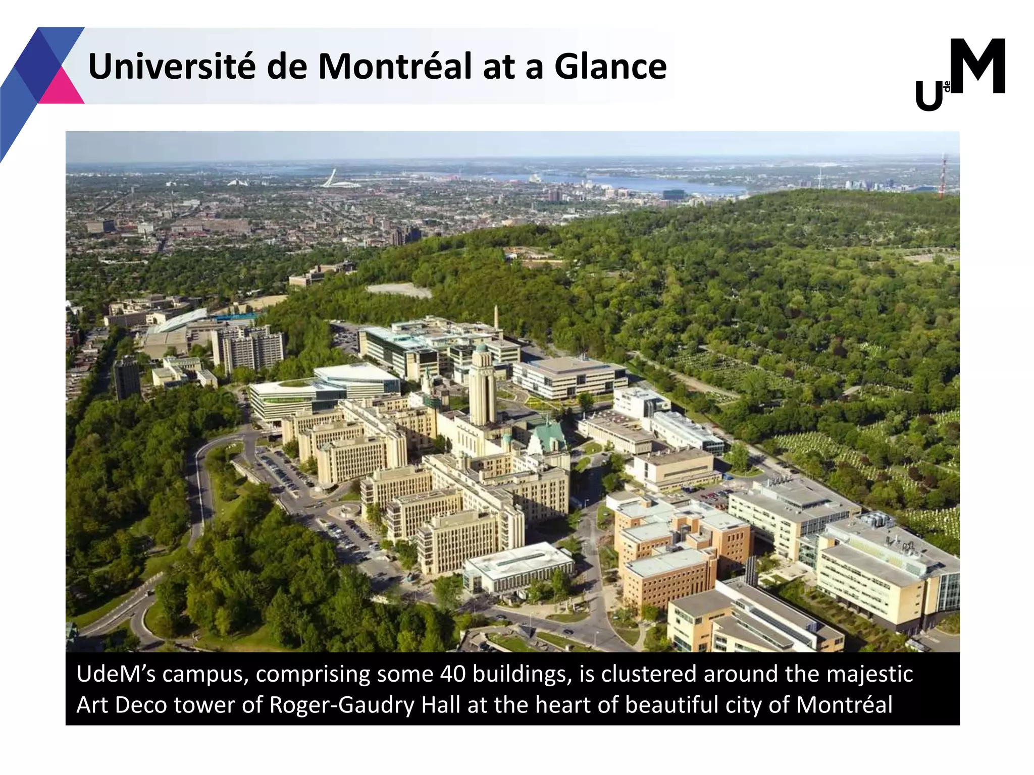 Université de Montréal at a Glance
UdeM’s campus, comprising some 40 buildings, is clustered around the majestic
Art Deco tower of Roger-Gaudry Hall at the heart of beautiful city of Montréal