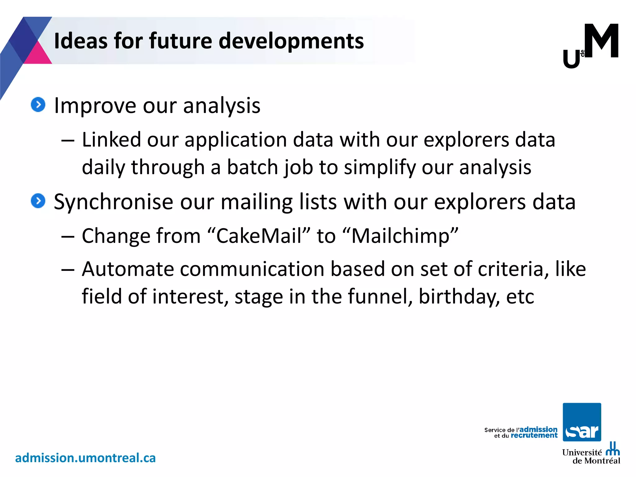 admission.umontreal.ca
Improve our analysis
– Linked our application data with our explorers data
daily through a batch job to simplify our analysis
Synchronise our mailing lists with our explorers data
– Change from “CakeMail” to “Mailchimp”
– Automate communication based on set of criteria, like
field of interest, stage in the funnel, birthday, etc
Ideas for future developments