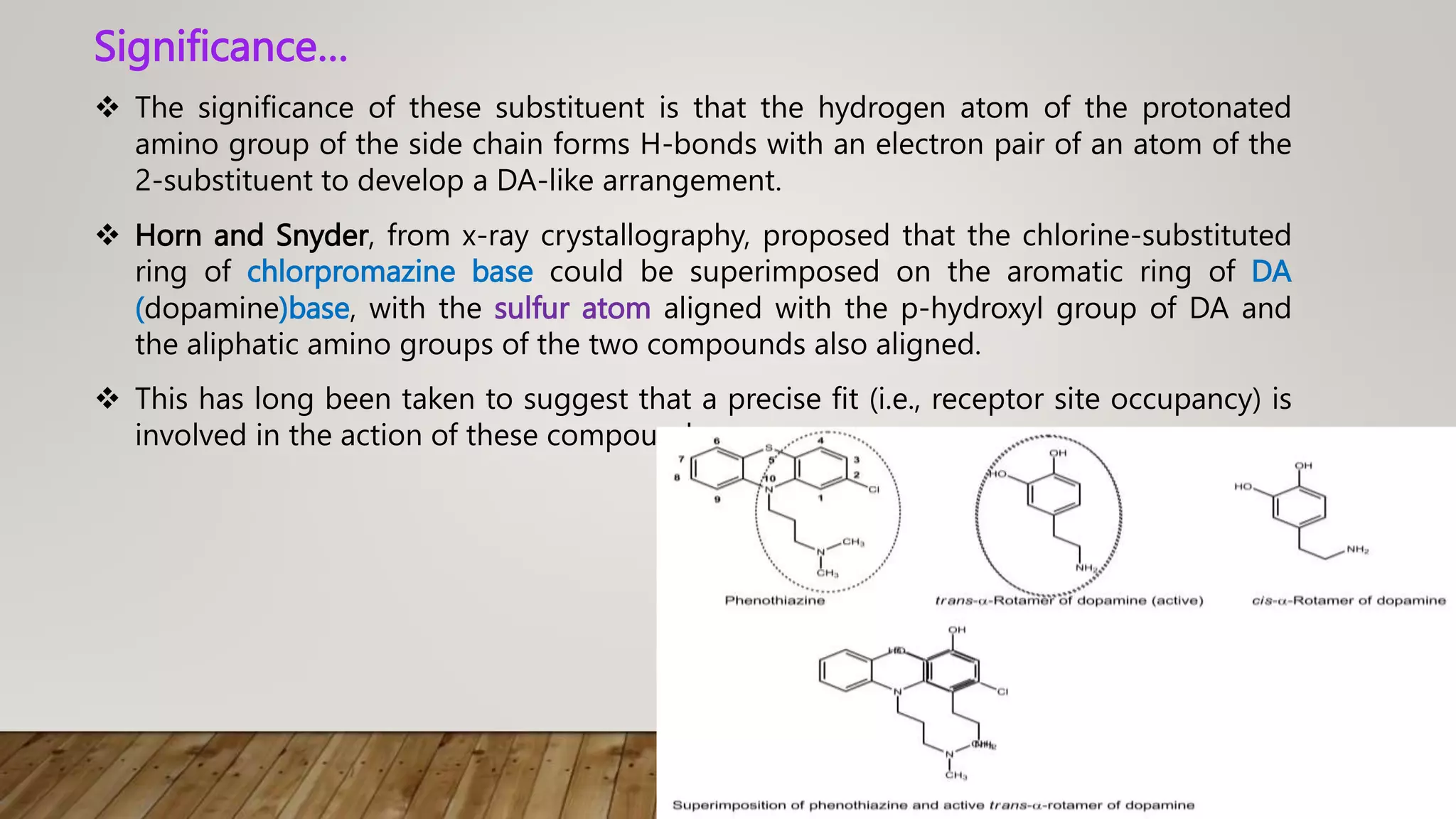 Significance…
 The significance of these substituent is that the hydrogen atom of the protonated
amino group of the side chain forms H-bonds with an electron pair of an atom of the
2-substituent to develop a DA-like arrangement.
 Horn and Snyder, from x-ray crystallography, proposed that the chlorine-substituted
ring of chlorpromazine base could be superimposed on the aromatic ring of DA
(dopamine)base, with the sulfur atom aligned with the p-hydroxyl group of DA and
the aliphatic amino groups of the two compounds also aligned.
 This has long been taken to suggest that a precise fit (i.e., receptor site occupancy) is
involved in the action of these compounds.
 