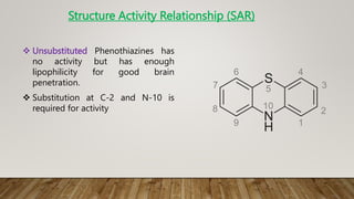  Unsubstituted Phenothiazines has
no activity but has enough
lipophilicity for good brain
penetration.
 Substitution at C-2 and N-10 is
required for activity
Structure Activity Relationship (SAR)
 