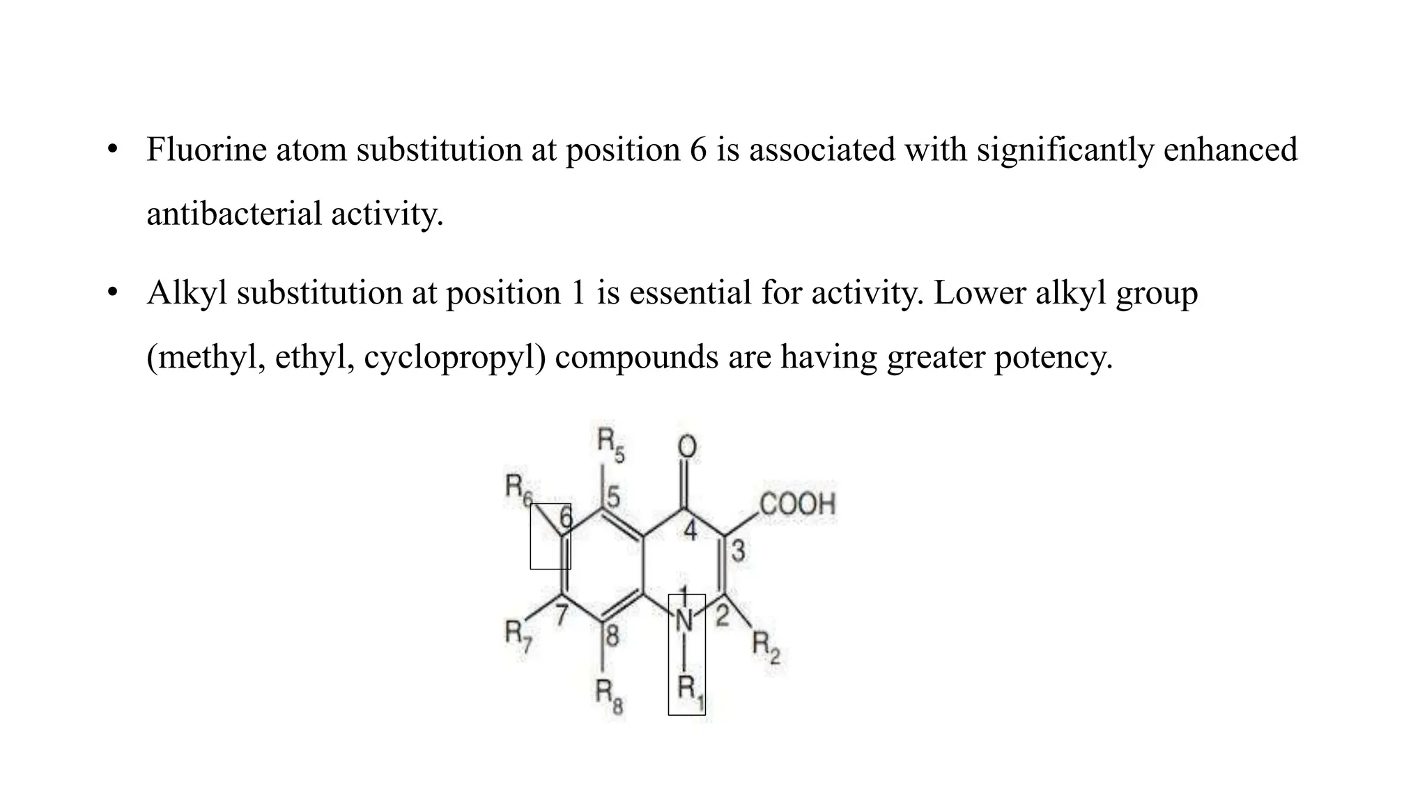• Fluorine atom substitution at position 6 is associated with significantly enhanced
antibacterial activity.
• Alkyl substitution at position 1 is essential for activity. Lower alkyl group
(methyl, ethyl, cyclopropyl) compounds are having greater potency.