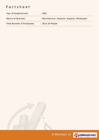 A Member of
F a c t s h e e t
Year of Establishment : 2001
Nature of Business : Manufacturer, Exporter, Supplier, Wholesaler
Total Number of Employees : 26 to 50 People
 