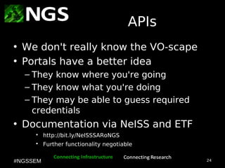 24
#NGSSEM
APIs
• We don't really know the VO-scape
• Portals have a better idea
– They know where you're going
– They know what you're doing
– They may be able to guess required
credentials
• Documentation via NeISS and ETF
• http://bit.ly/NeISSSARoNGS
• Further functionality negotiable
 