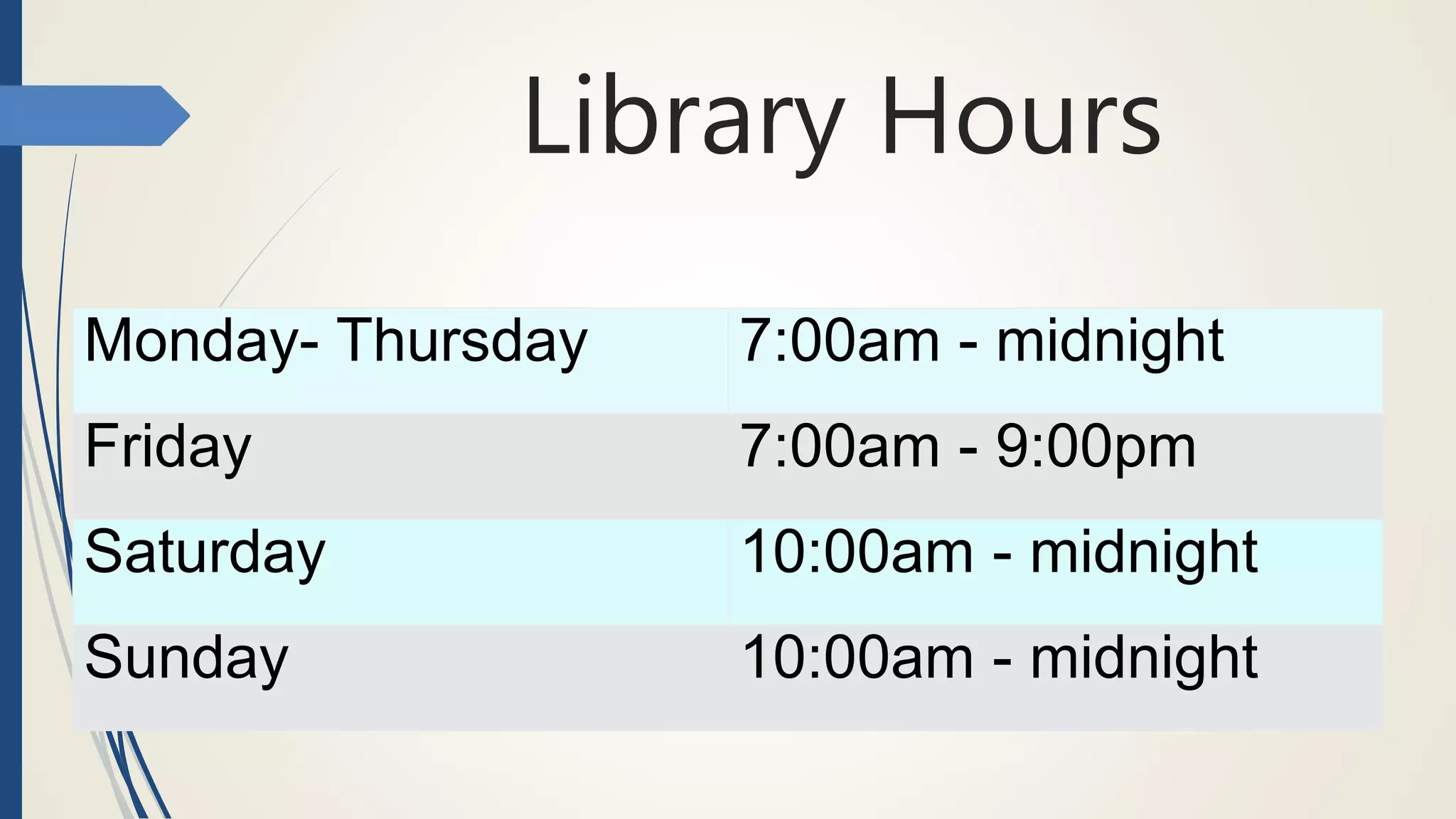 Library Hours
Monday- Thursday 7:00am - midnight
Friday 7:00am - 9:00pm
Saturday 10:00am - midnight
Sunday 10:00am - midnight
 