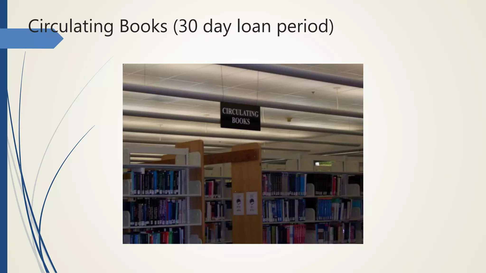 Circulating Books (30 day loan period)
 