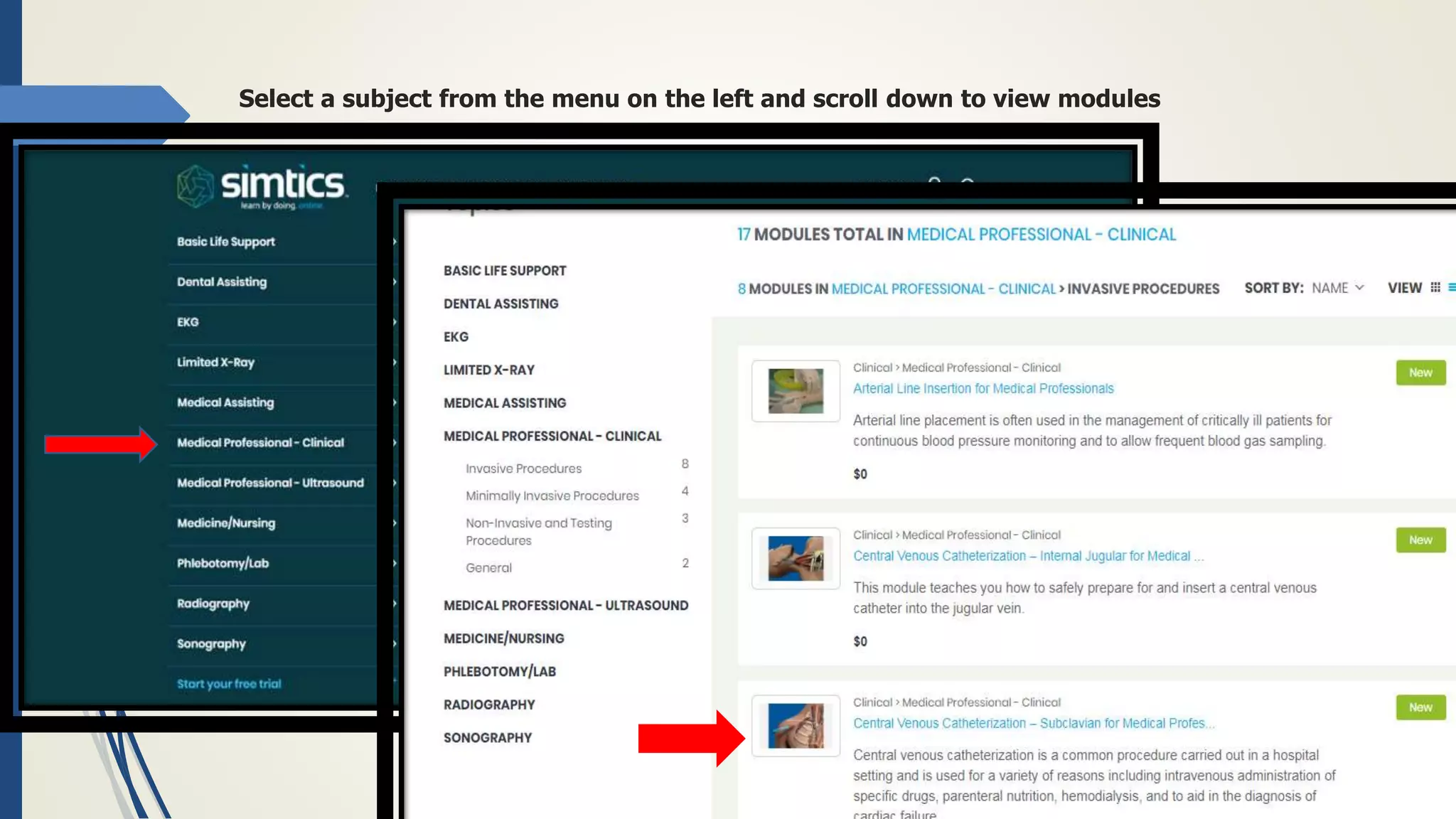 Select a subject from the menu on the left and scroll down to view modules
 